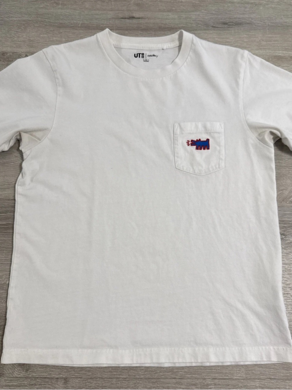 Uniqlo White Short Sleeve Pocket Tee with Small Red & Blue Patch